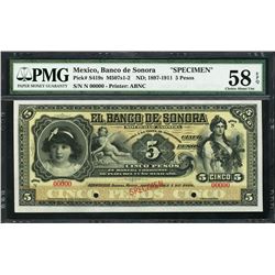 Hermosillo, Sonora, Mexico, Banco de Sonora, specimen 5 pesos, ND (1897-1911), certified PMG AU 58 E