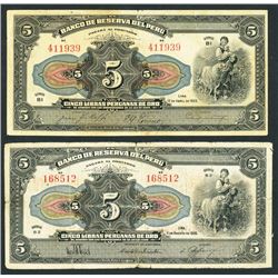 Lot of two Peru, Banco Central, 50 soles oro, ND (1935) overprinted on Peru, Banco de Reserve, 5 Lib