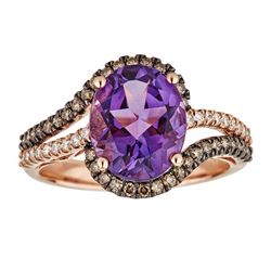 3.25 ctw Amethyst, Brown Diamond and Diamond Ring - 10KT Rose Gold