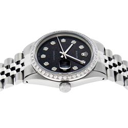 Rolex Mens Stainless Steel Black Diamond Datejust Wristwatch