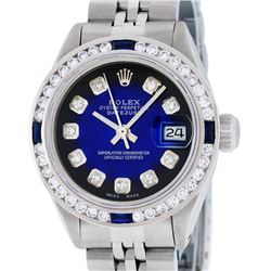 Rolex Ladies Stainless Steel Blue Vignette Diamond And Sapphire Datejust Wristwa