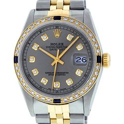 Rolex Mens 2T Yellow Gold & SS Slate Grey Diamond And Sapphire Datejust Wristwat