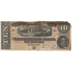 1864 $10 The Confederate States of America Note T-68 CC