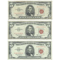 1963 $5 Fine Red Seal Bill Lot of 3