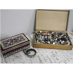 Beaded Box And Beaded Bracelet W/ Box Of Old Buttons
