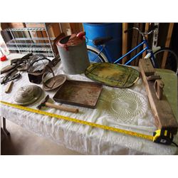 Lot Of Misc Items (Wooden Planer, IH Hubcap, Galvanized Oil Can)