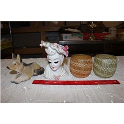 Vintage Misc: Head Vase,Two Cups& Dog Bobble-Head