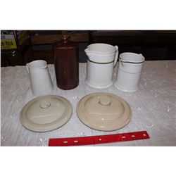 Small Crock, Crock Lids(2)& Grindley Pitchers(3)