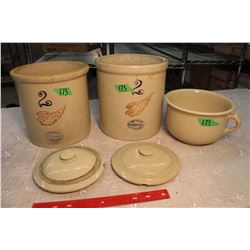 Two Red Wing Crocks (Size 2), Two Crock Lids (Size 1)& Crock Bowl