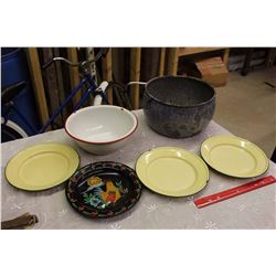 Grey Enamel Pot, Bowl & Plates
