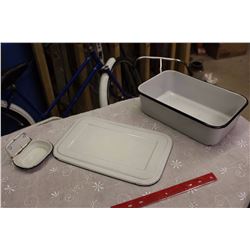 Lidded Enamel Container & An Enamel Soap Dish