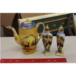 Hand Painted Tea Pot And A Salt And Pepper Set – Beautiful Condition
