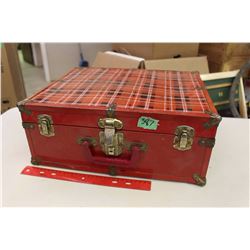 Tin Plaid Doll Suitcase With Doll Inside