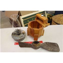 Barn Finger Lamp – Tin With Chimney, Pick Axe, & A Wooden Wishing Well