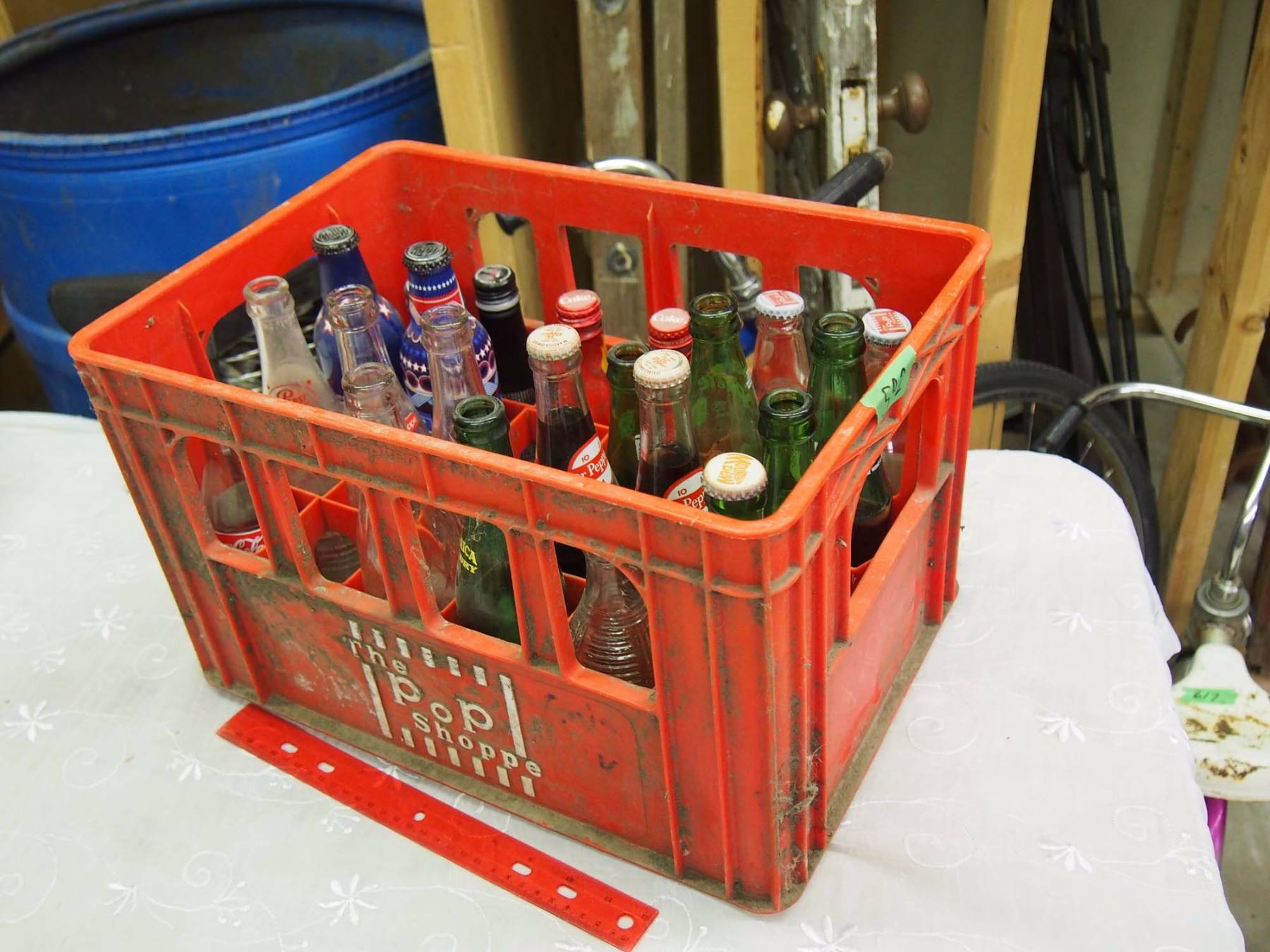 Pop Crate w/ Various Pop Bottles (Some Full) Pop Shoppe,Coke Cola