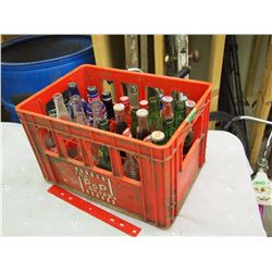 Pop Crate w/ Various Pop Bottles (Some Full) Pop Shoppe,Coke Cola,Mountain Dew,Dr. Pepper,Pepsi,Spri