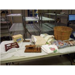 Lot Of Misc. (Wood Basket, Misc. Bedding, Bottlecapper, Etc)