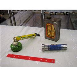 Green Cross Sprayer, Vintage Flashlight, Paint And Varnish Remover Tin