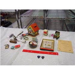 Lot Of Vintage Misc. (Tin Toy House, Co-op Coasters, Safeway Pins)