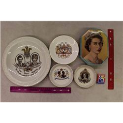 Lot of Royalty Items: 4 Plates, 1 Tin& Matches