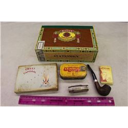 Misc. Smoking Items: Cigar Box, Tins, Pipe, Cig Papers&A Match Holder