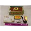 Image 1 : Misc. Smoking Items: Cigar Box, Tins, Pipe, Cig Papers&A Match Holder