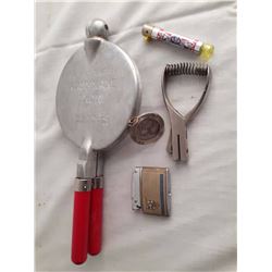 Lot Of Misc. (Krumkake Iron, 2 Lighters, Hockey Medallion, Old Punch)