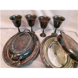 Silver Plated Serving Sets And 4 Goblets