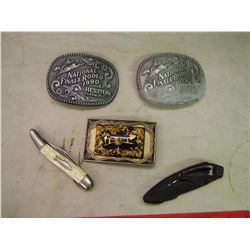 Belt Buckles (3) And Jack Knives (2)