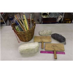 Sewing Supplies, Wool Carders& A Wicker Basket