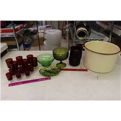Lot of Assorted Glassware& A Enamel Pot