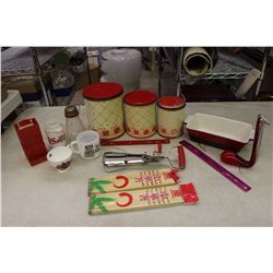 Lot of Red Coloured Kitchenware (Rose Matchbox, Canisters, Etc;)