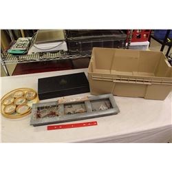 Lot of Misc (Lake Decoration, Cup Coaster Set, Cutlery Box)w/Tote Container