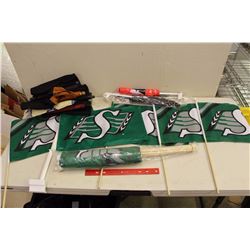 Huge Lot Of Saskatchewan Rough Rider Mini Flags (17) W/ Lots Of Extra Flags and Scrolls