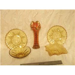 Amber Glass (4 Pcs) And Carnival Glass Vase (Chip)
