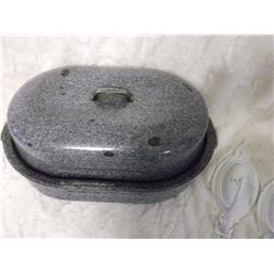 Vintage Blue And White Speckled Graniteware Roaster And Pair Metal Coat Hook