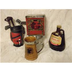 Misc. Lot (Golf Liquor Set, Brown Jug, Old tin And Lord Nelson Stein)