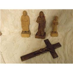Hand Carved Sculptures (3) Caron Inc. Quebec And Vintage Crucifix