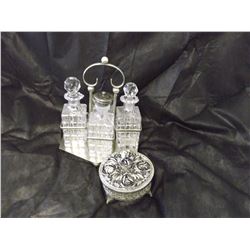 Crystal Condiment Set And Silver Dresser Box