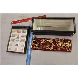 Lot of Avon Pins& A Postage Stamp Container