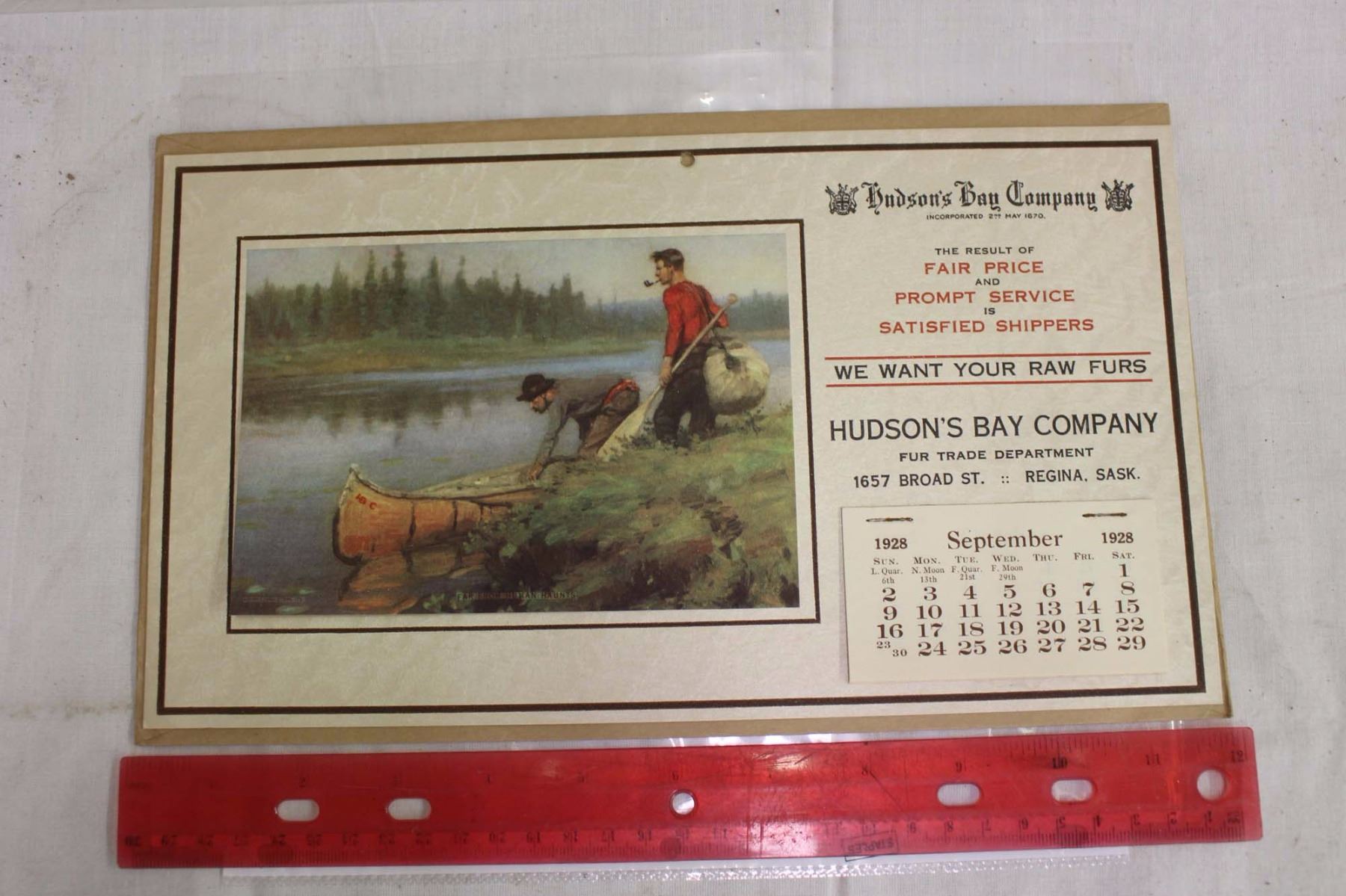 1928 Hudson Bay Calendar With Original Envelope