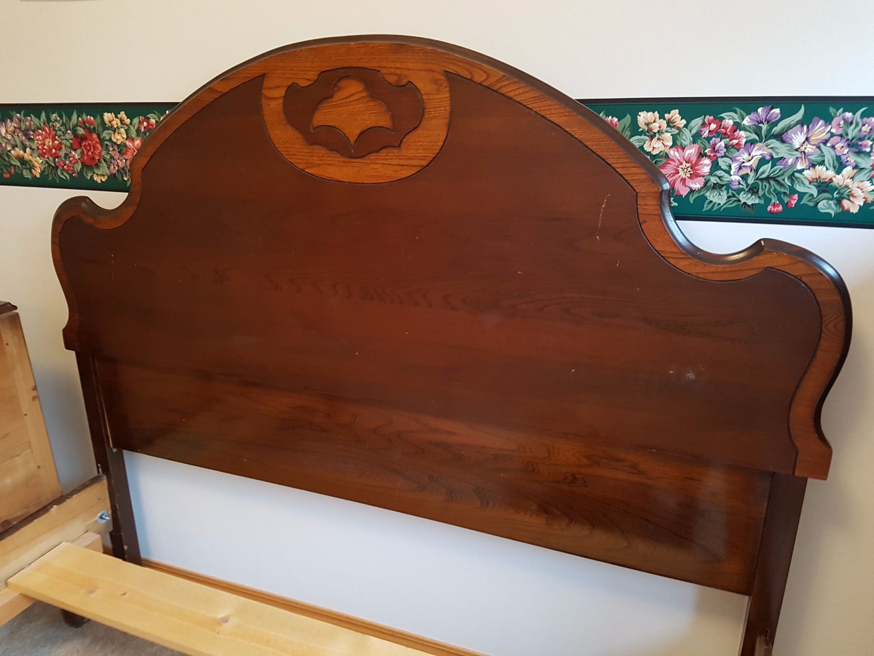 Vintage Wood Double Bed, Headboard& Footboard
