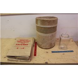 Lot Of Vintage Related (Cardboard Cheese Box, Glass Candy Jar, Safeway Paper Bags)