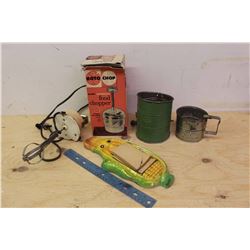 Lot Of Vintage Kitchen Related (Flour Sifter, Food Chopper, Electric Mixer For Jar, Corn Note Pad)
