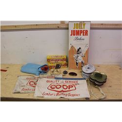 Lot Of Vintage Misc (Velveeta Boxes, Co-op Aporns, See's Candy Tin, Jolly Jumper, Candle Holders, Et