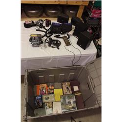 Lot Of Misc Electronics W/ Large Plastic Tub (Cordless PC Controller, Speakers, Cameras, Chargers, C