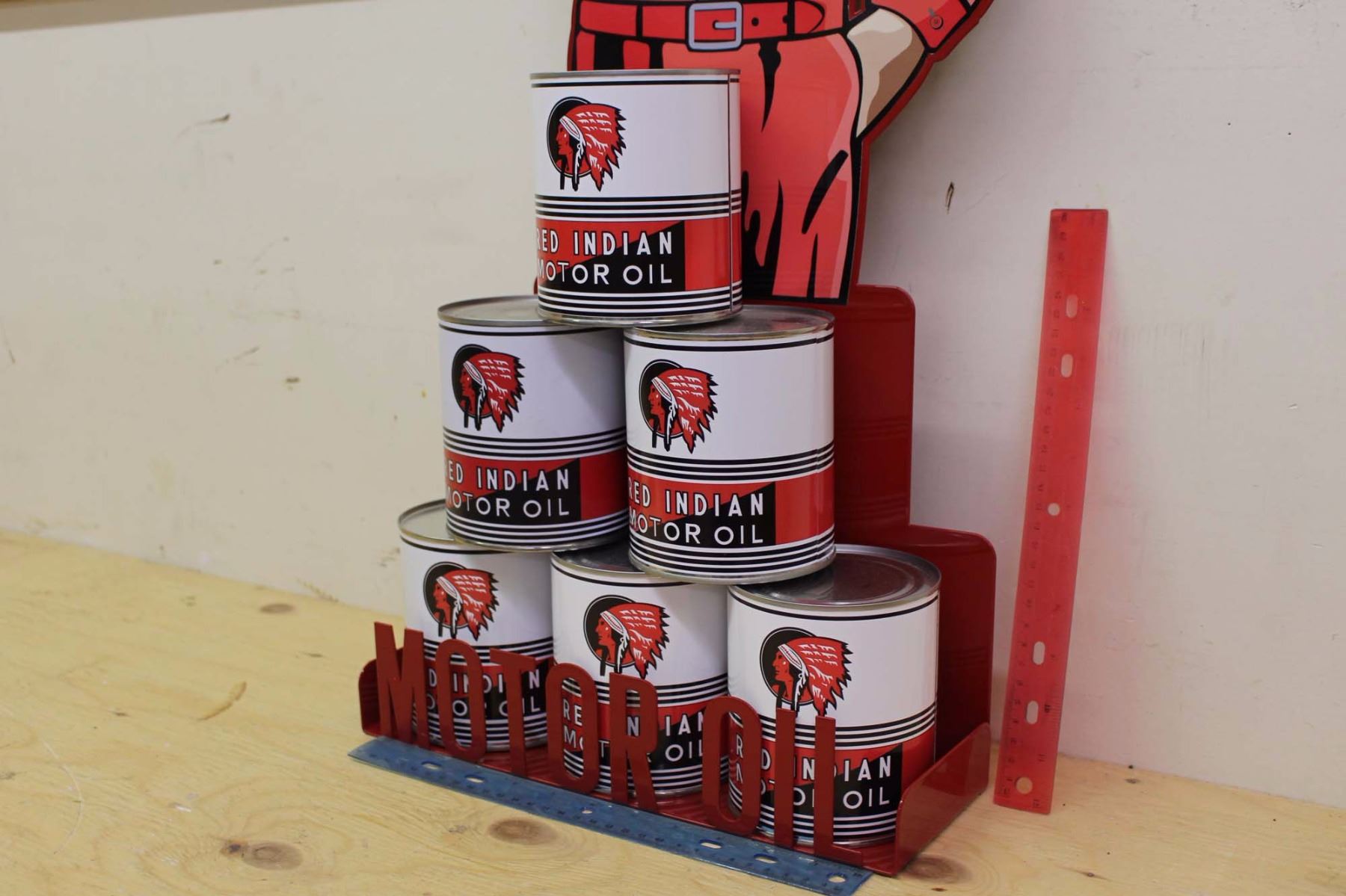 Reproduction Red Indian Oil Display And Set Of Cans