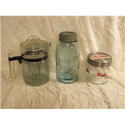 Pyrex Coffee Pot, Gem Sealer& Coke Jar