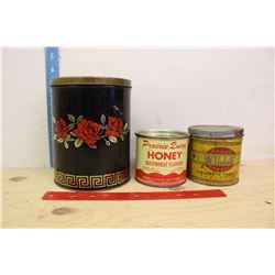 Tins (3)(Roses,Wills' Tobacco& Prairie Queen Honey)