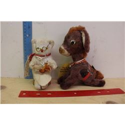 Antique Tin Toy Knitting Cat&A Plush Brown Donkey w/Rust Mane&Tail